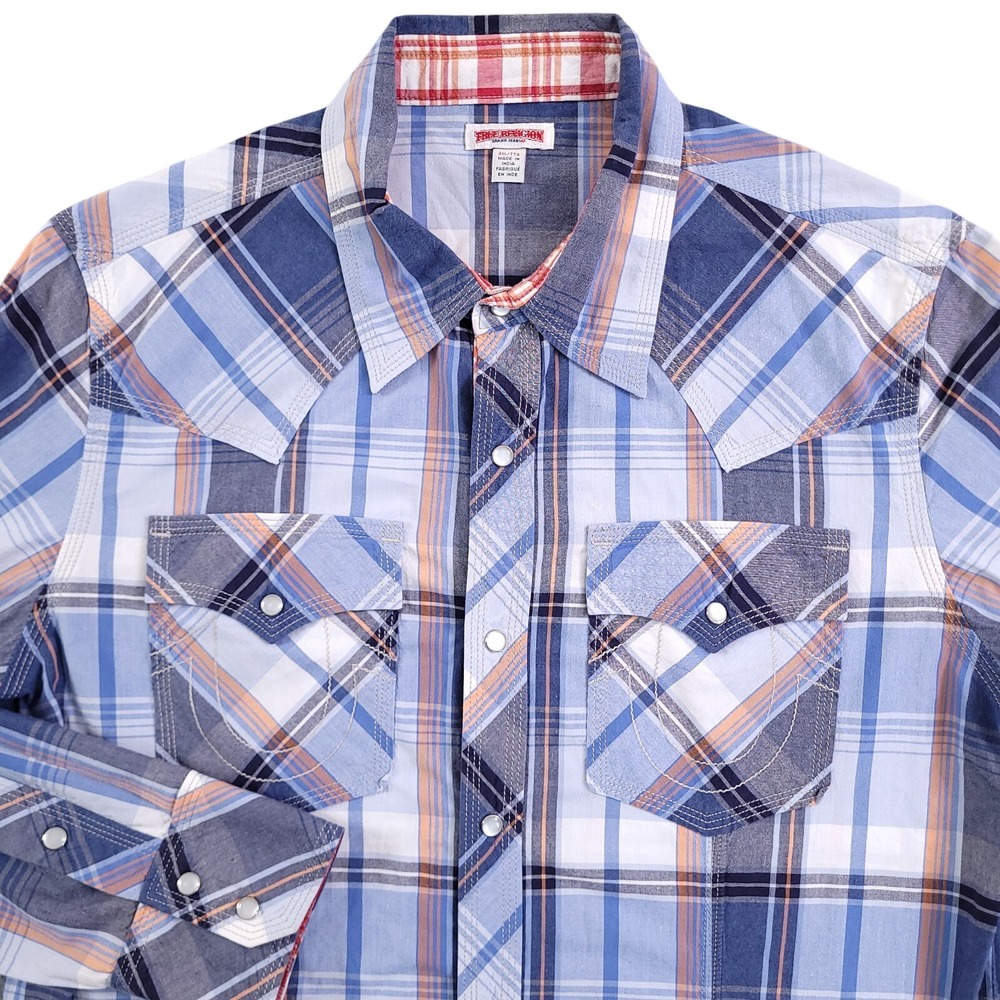 True Religion Shirt Mens 2XL Slim Blue Plaid Pearl Snap Western Horseshoe Stitch
